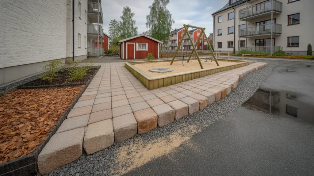anl ggning av lekplatsyta med fallskydd och kantsten i barkarby j rf lla