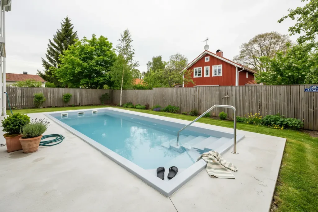 installation av glasfiberpool med integrerad trappa i jakobsberg j rf lla