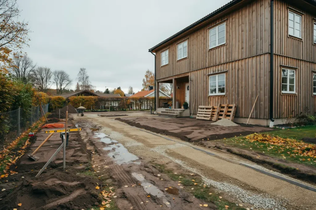 s kra tomten mot tj llyftning r tt markarbete f r g ngar uppfart och grund n ra huset